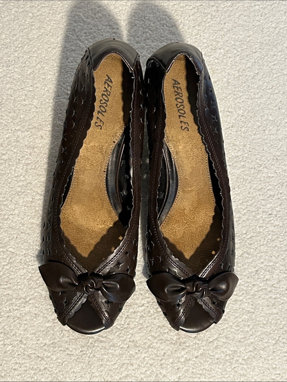 Vintage AEROSOLES Dark Brown Bow Peep-Toe Wedge Women's 8.5M